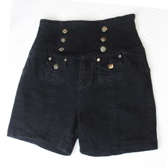 Black Denim Shorts DRAMA GOLD 5/6 Stretch High Ris - Picture 1 of 9